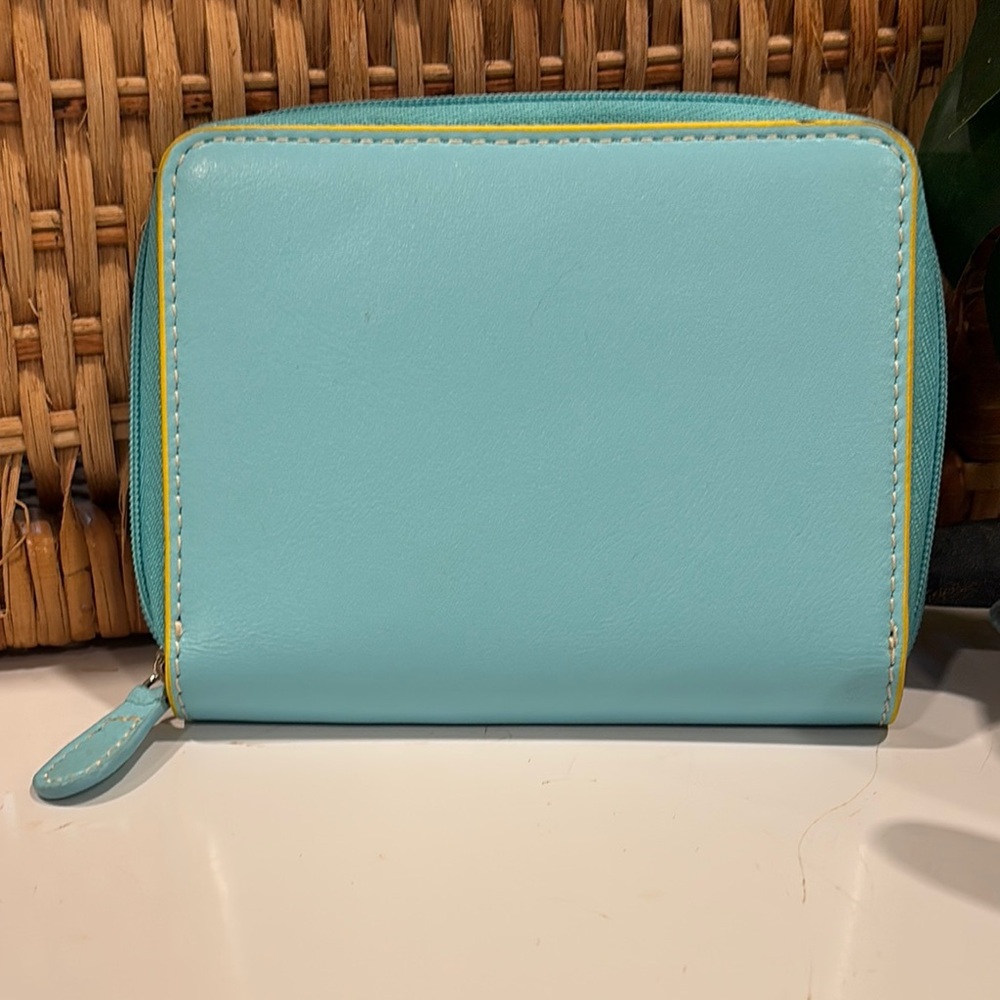 Baekgaard Small Sky Blue Zipper Wallet with Yellow Stitching